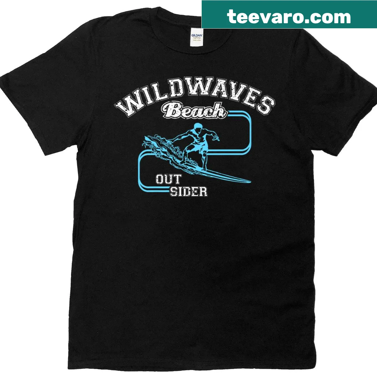 T-shirt featuring wild waves and beach illustration — on a men's t-shirt
