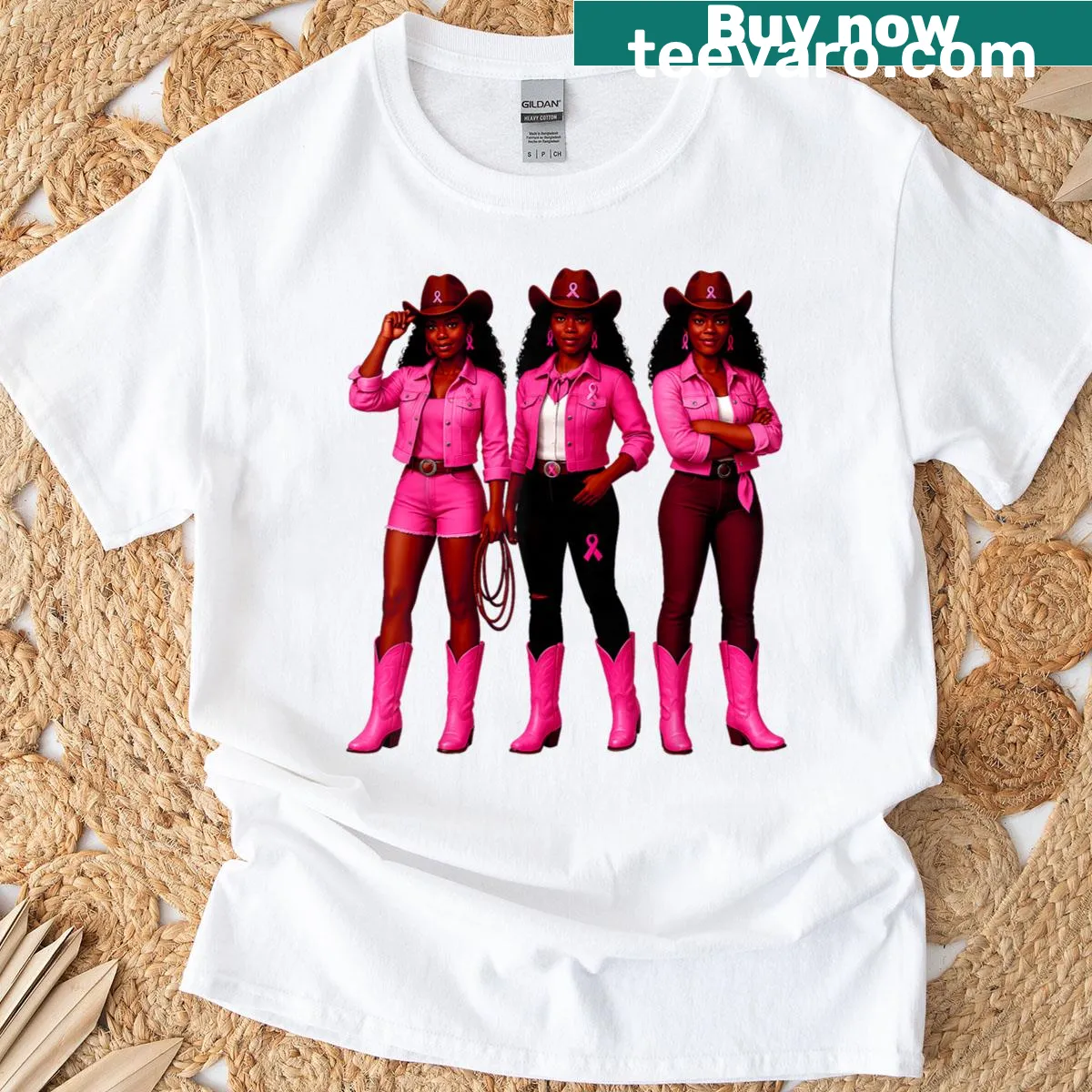 T-shirt with a pink ribbon and western cowgirl theme for breast cancer awareness — on a men's t-shirt