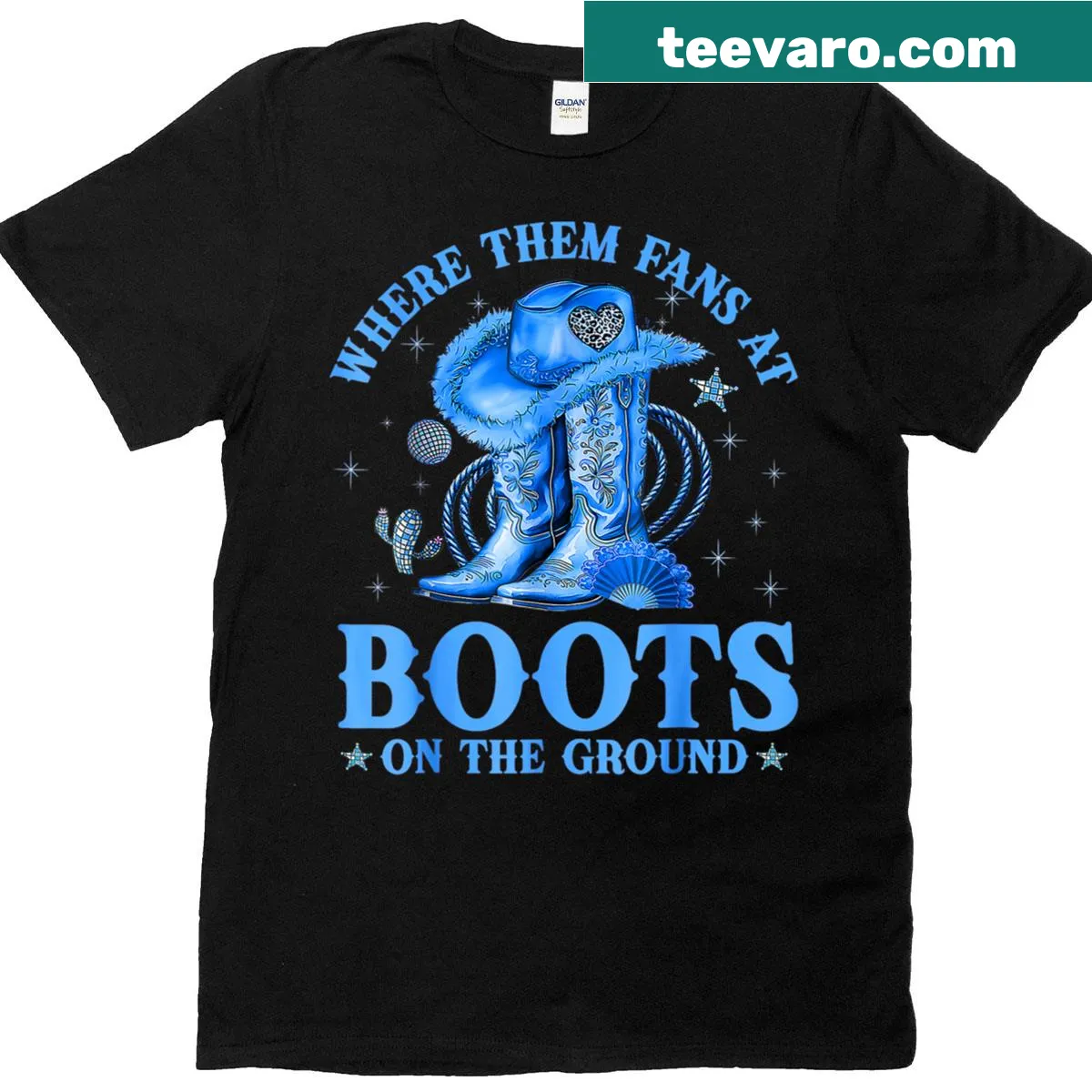 Western cowgirl boots design on T-shirt — on a men's t-shirt