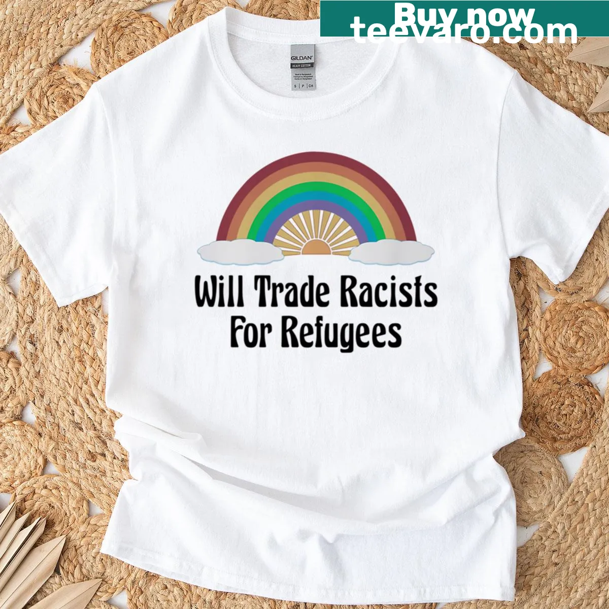 Bold graphic tee with the phrase 'Will Trade Racists For Refugees' in vintage font — on a men's t-shirt