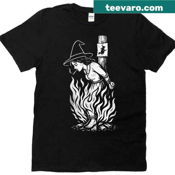 Witch lighting a cigarette with flames graphic on T-shirt