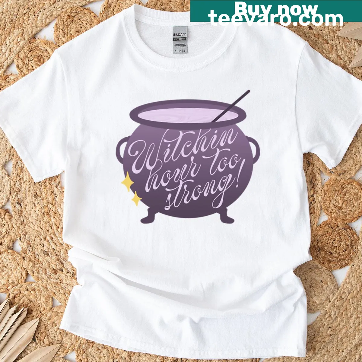 Fun T-shirt with 'Witchin Hour Too Strong' text in quirky font — on a men's t-shirt