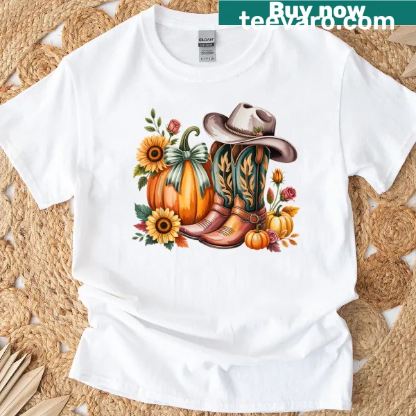 Illustration of pumpkins, sunflowers, and cowboy boots on T-shirt