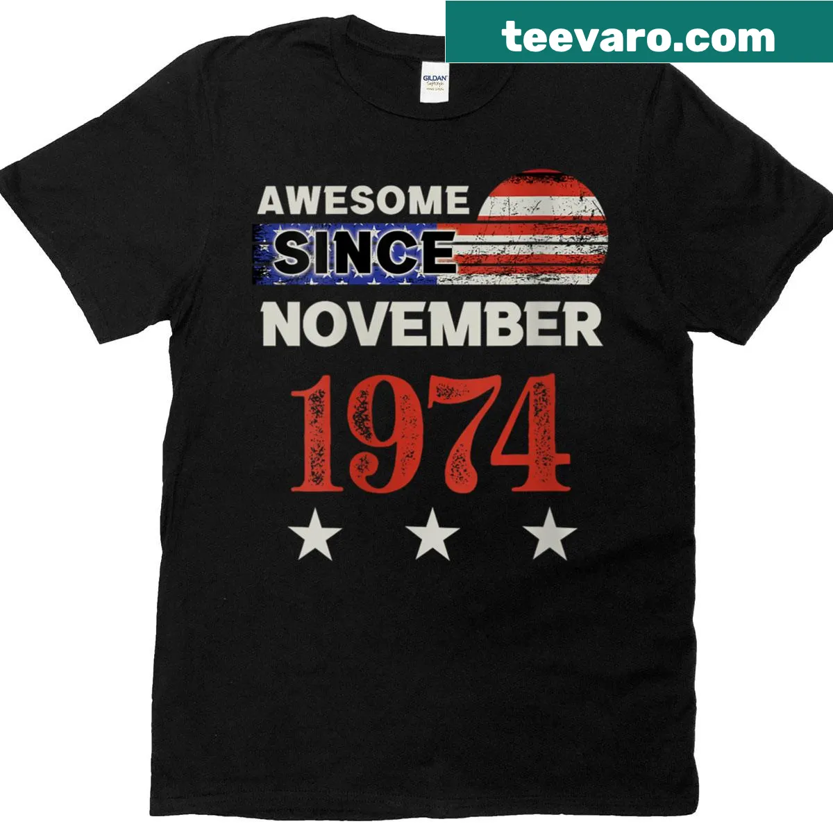 Distressed t-shirt featuring USA flag and 'Awesome Since 1974' — on a men's t-shirt