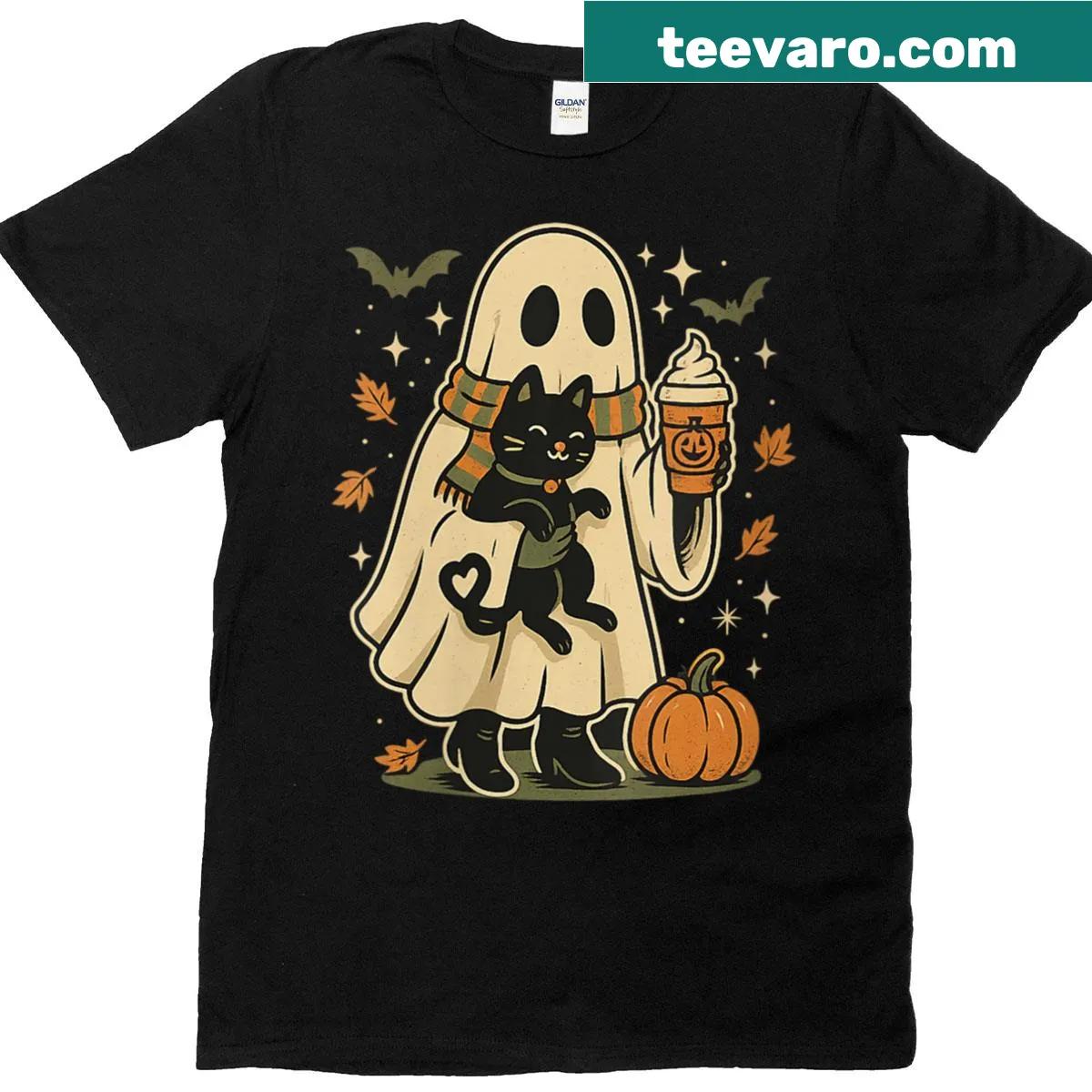 Halloween t-shirt with cute ghost, black cat, and pumpkin — on a men's t-shirt