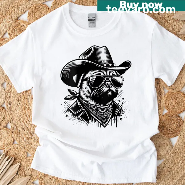 Funny vintage T-shirt featuring a pug cowboy graphic