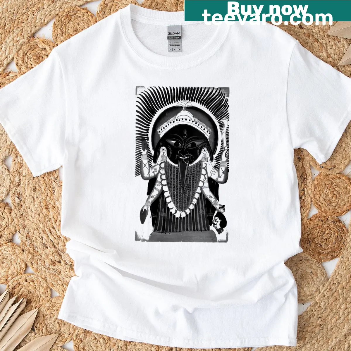Vintage T-shirt featuring Goddess Kali woodcut design — on a men's t-shirt