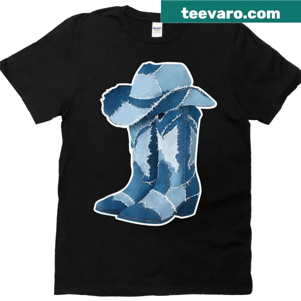 Western-themed women's t-shirt featuring cowboy boots and hat