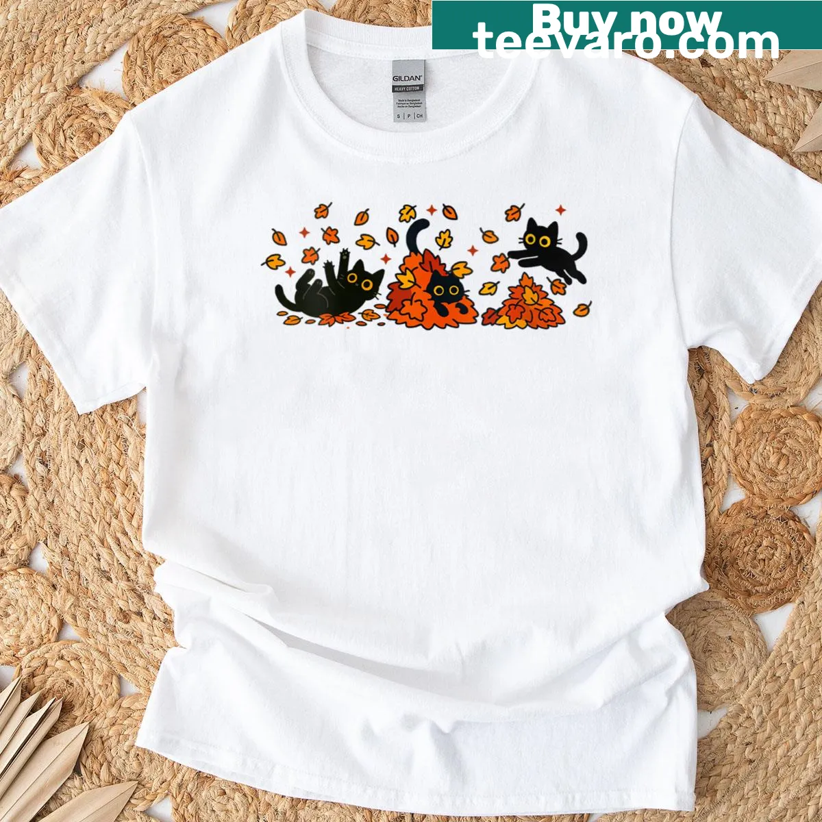 Retro black cats with falling leaves in a vintage design — on a men's t-shirt