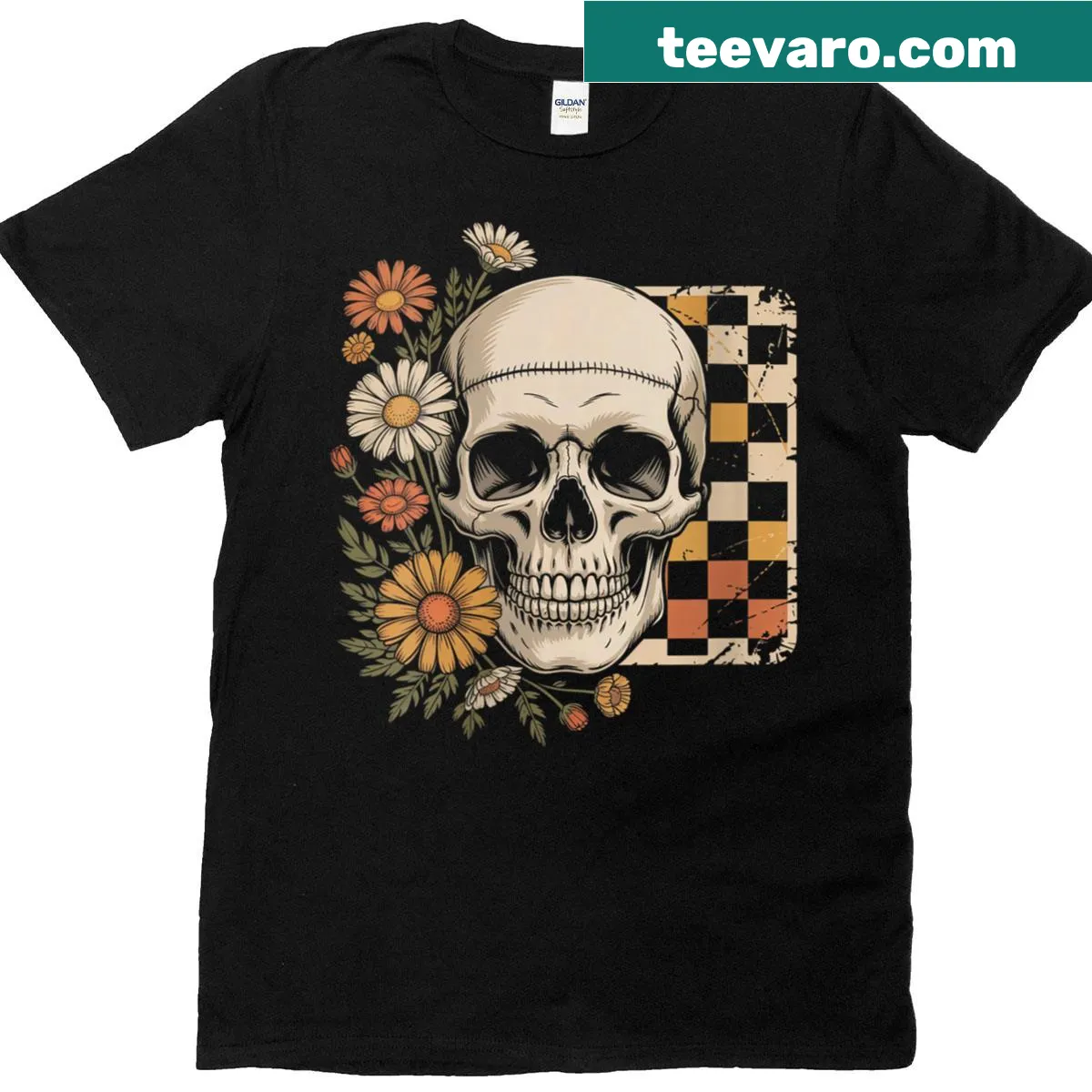 Vintage retro t-shirt with a skull, flower, and checkered design — on a men's t-shirt