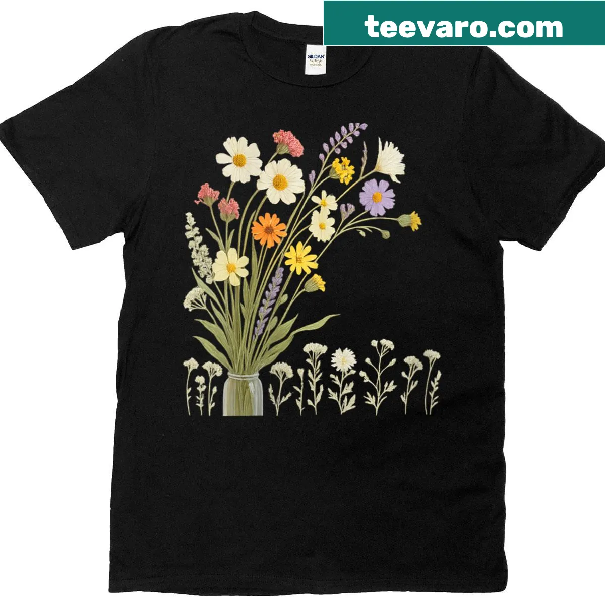 Vintage floral T-shirt featuring wildflowers in a rustic jar — on a men's t-shirt