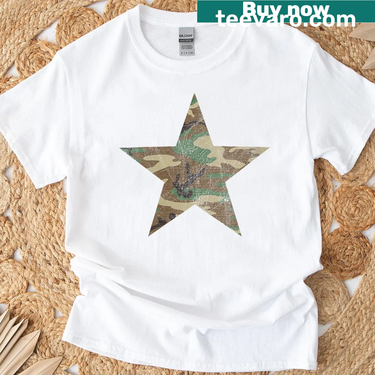 Vintage camo star graphic t-shirt — on a men's t-shirt
