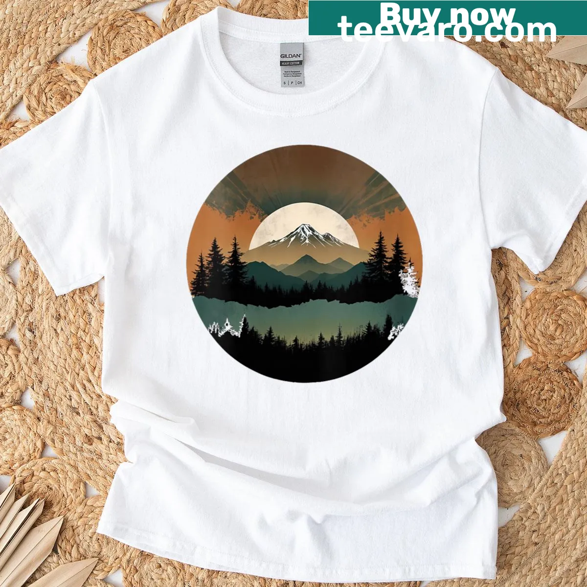 Vintage mountain forest sunset design on women’s t-shirt — on a men's t-shirt