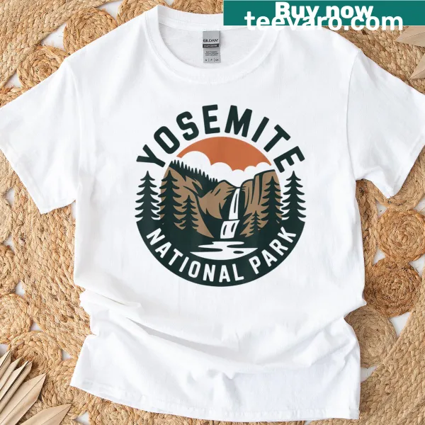 Vintage landscape T-shirt with a Yosemite waterfall and forest illustration.