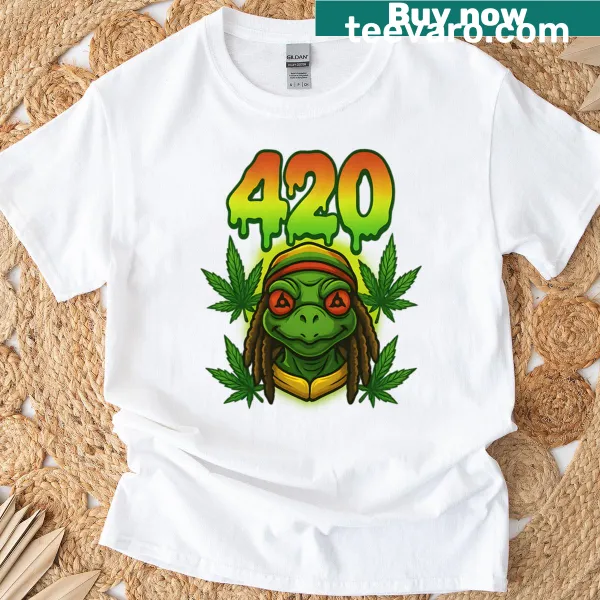 T-shirt featuring a cannabis-themed turtle illustration