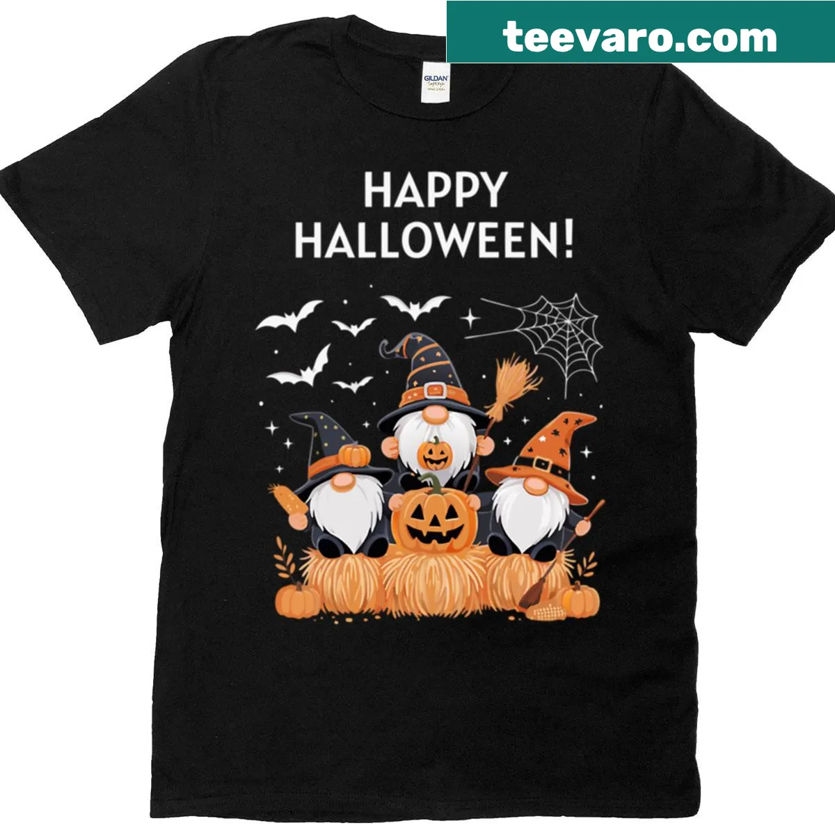 Cute Halloween t-shirt with three gnomes illustration — on a men's t-shirt