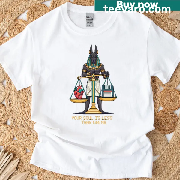 Pixelated graphic of Anubis weighing souls on a T-shirt