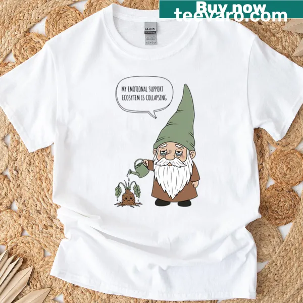 Gnome caring for a distressed ecosystem in a whimsical illustration on a tee