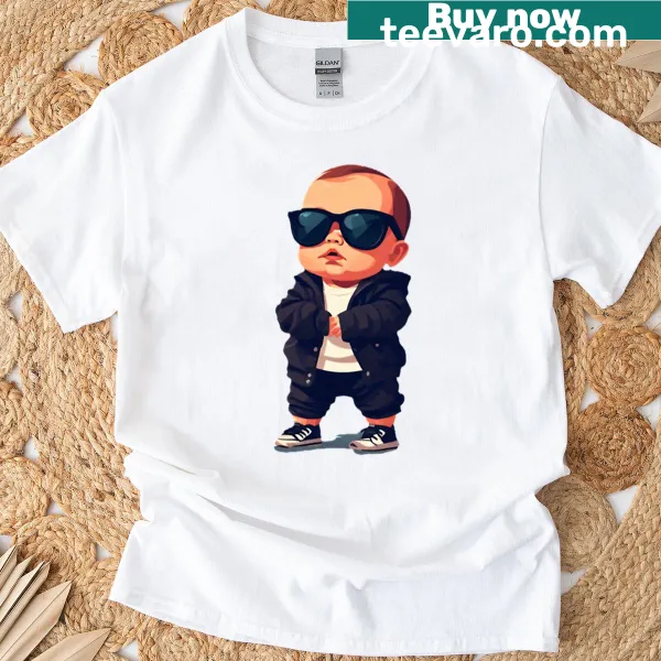 Cartoon baby t-shirt featuring a baby in sunglasses and a black jacket