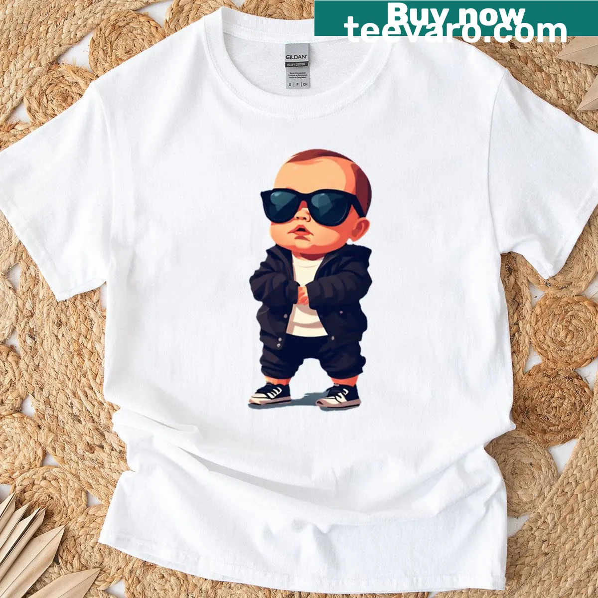 Cartoon baby t-shirt featuring a baby in sunglasses and a black jacket — on a men's t-shirt