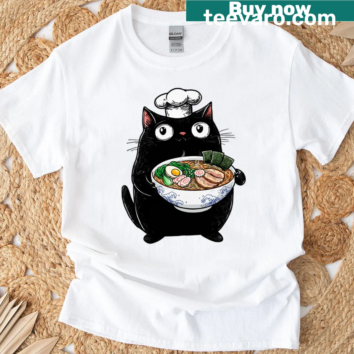 Illustration of a black cat cooking ramen on a t-shirt — on a men's t-shirt