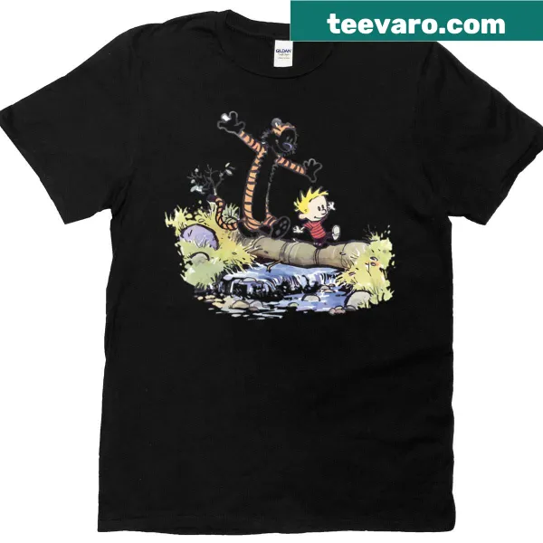 Illustrated oversized T-shirt depicting a log bridge adventure