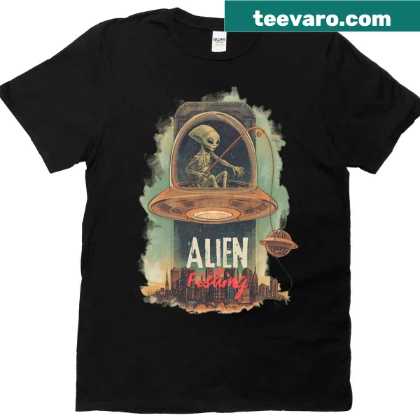 Retro t-shirt featuring an alien fishing in a city skyline