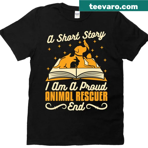 Illustrated T-shirt with 'I Am A Proud Rescuer' text and animal rescue theme