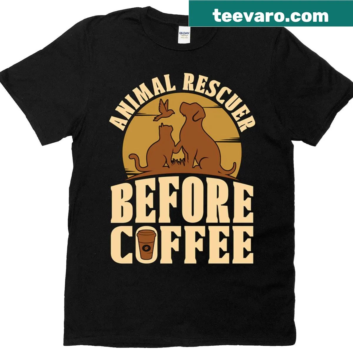 Vintage distressed coffee lover animal rescuer t-shirt — on a men's t-shirt