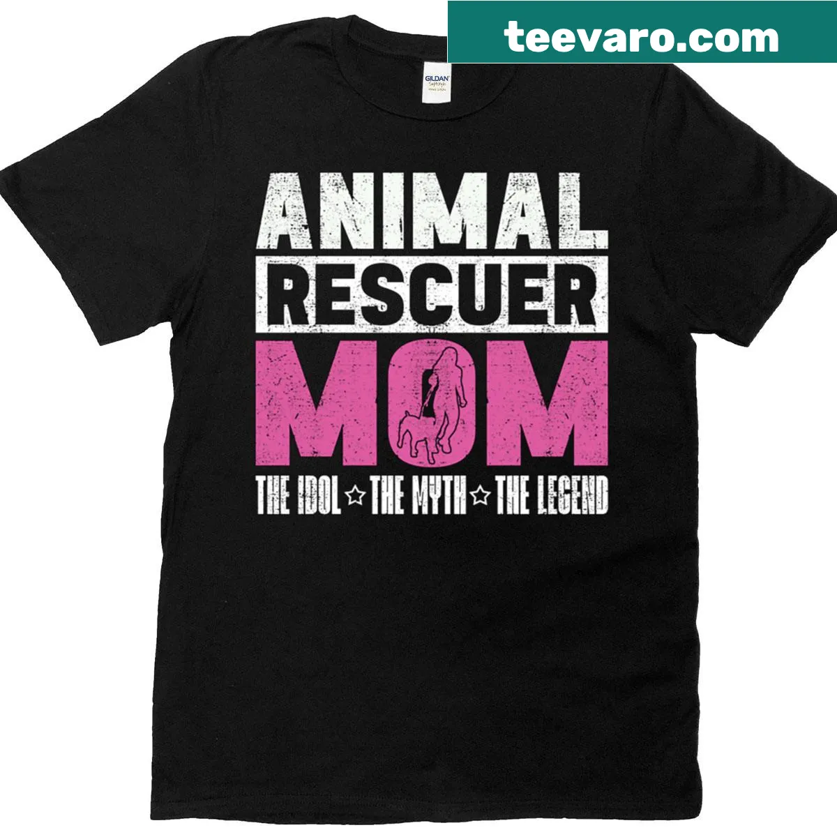 Illustrated T-shirt with 'The Idol The Myth The Rescuer' text and animal theme — on a men's t-shirt