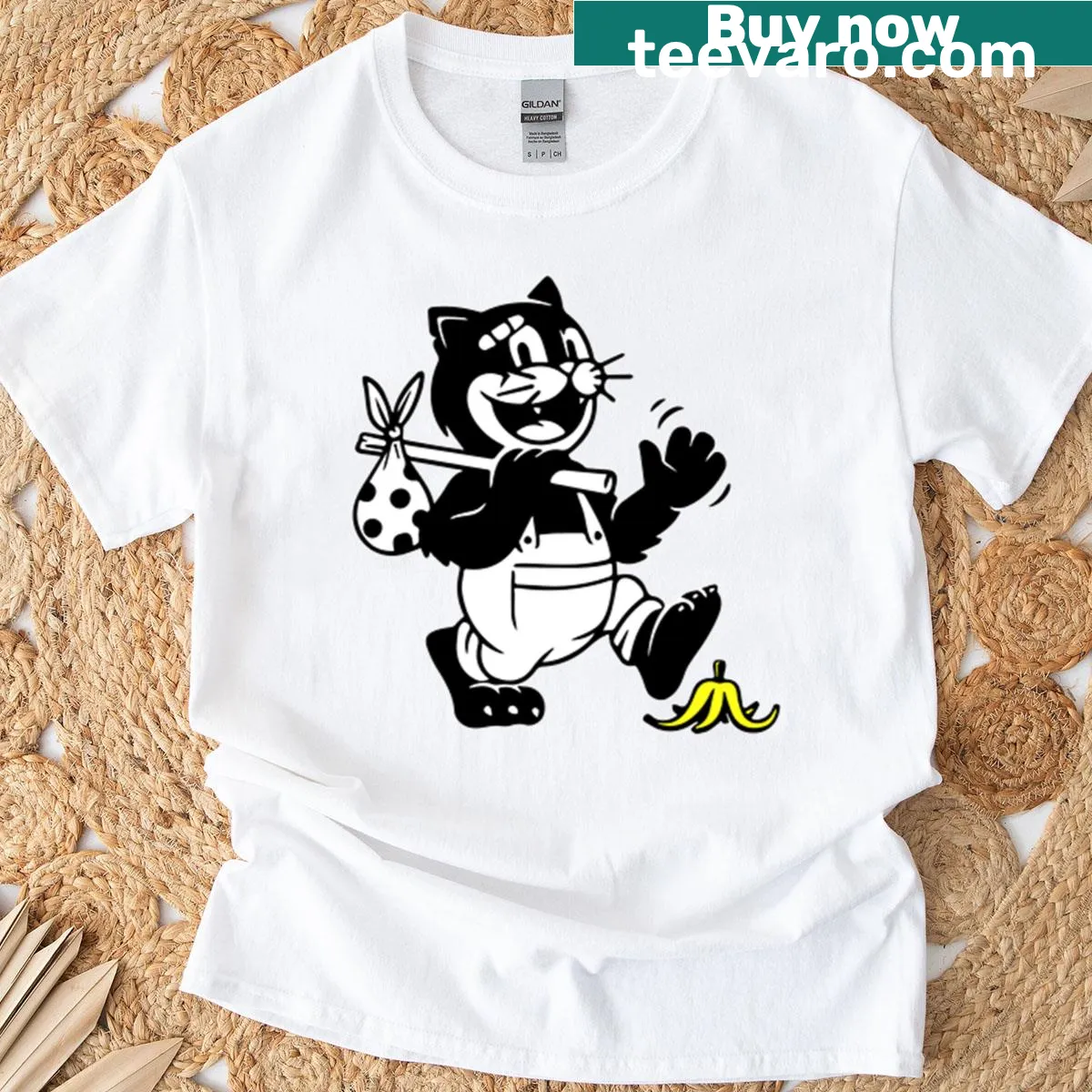 Vintage distressed t-shirt featuring a hobo cat graphic — on a men's t-shirt