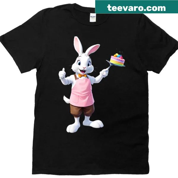 Baking bunny t-shirt with cheerful illustration and text