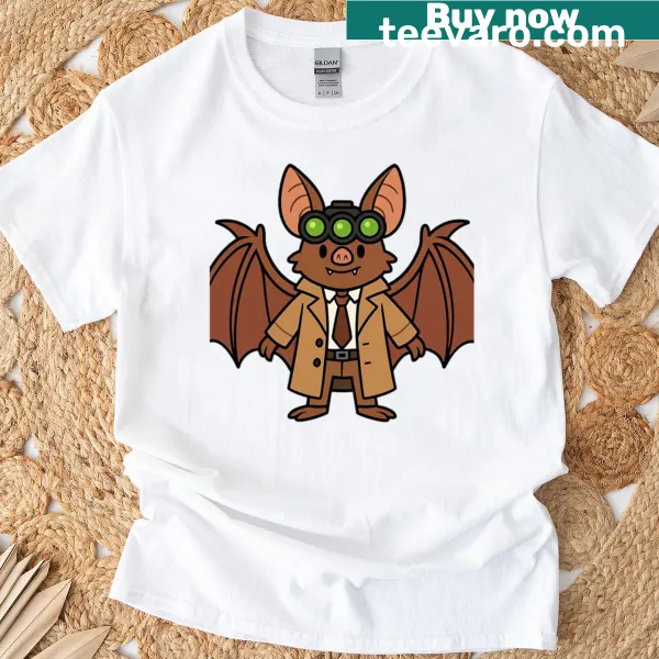 Cartoon bat detective t-shirt featuring a bat with night-vision goggles