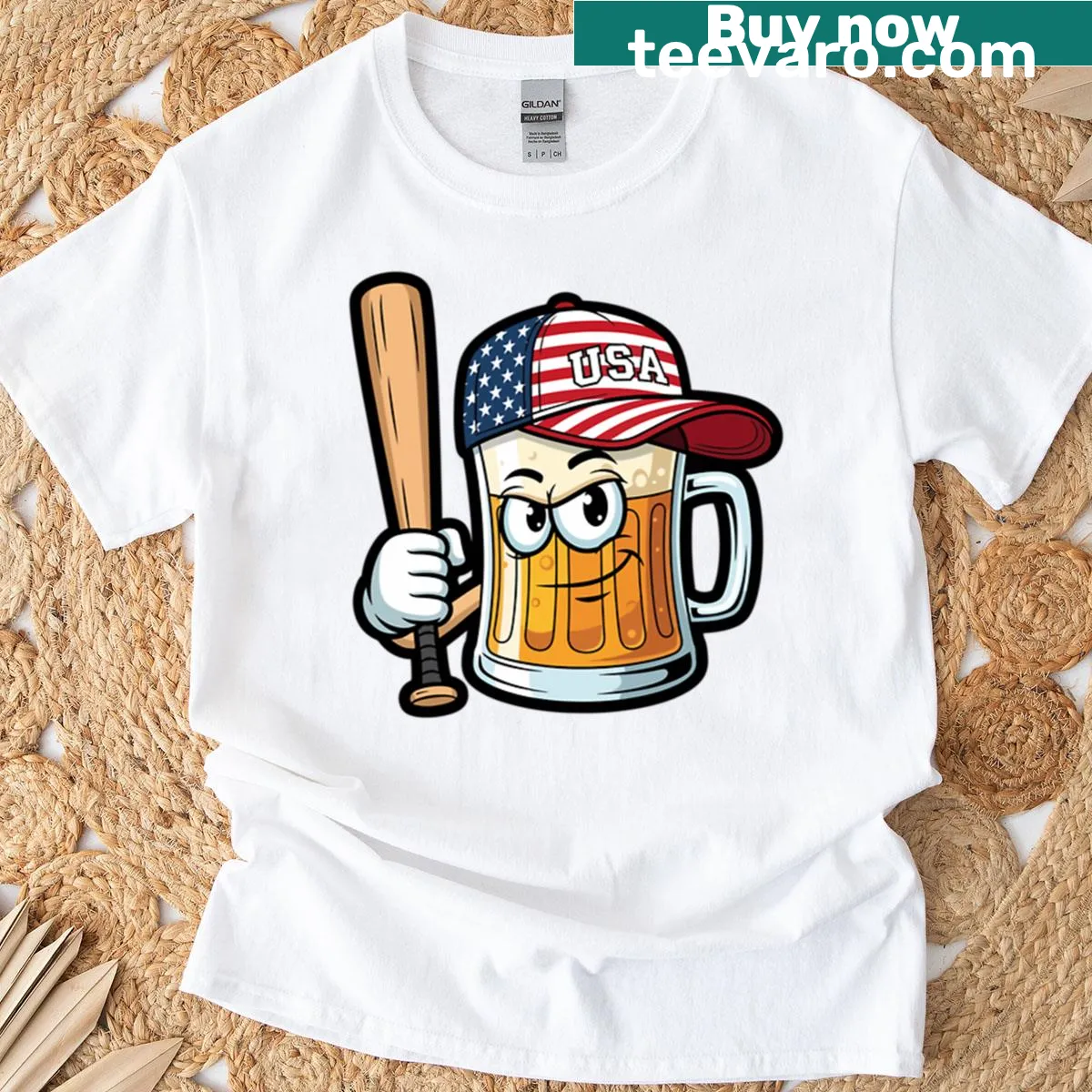 Cartoon beer mug character in baseball gear on t-shirt — on a men's t-shirt