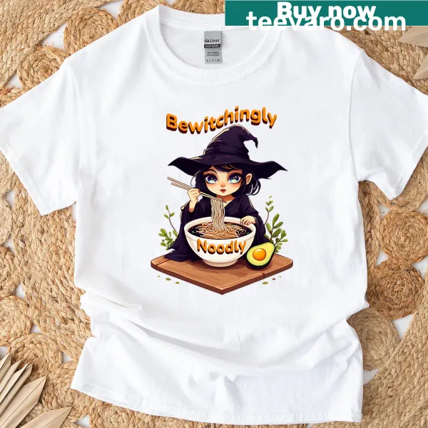 Whimsical witch surrounded by noodles on a t-shirt