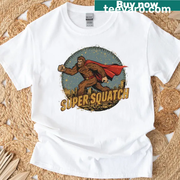 Superhero Bigfoot t-shirt featuring a cartoon design of Bigfoot flying