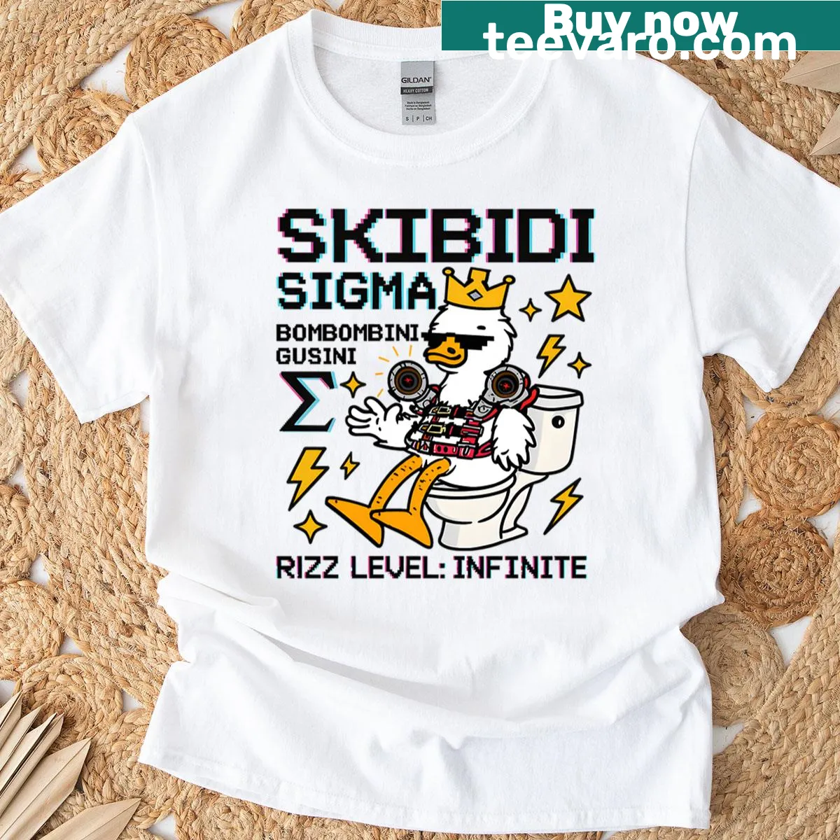 Funny duck king meme cartoon design on t-shirt — on a men's t-shirt