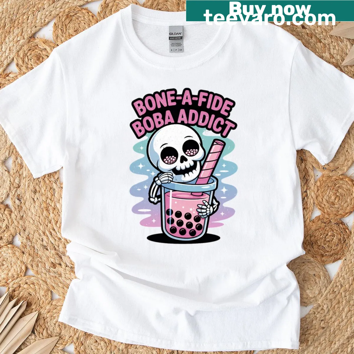 Funny skeleton enjoying bubble tea Halloween t-shirt — on a men's t-shirt