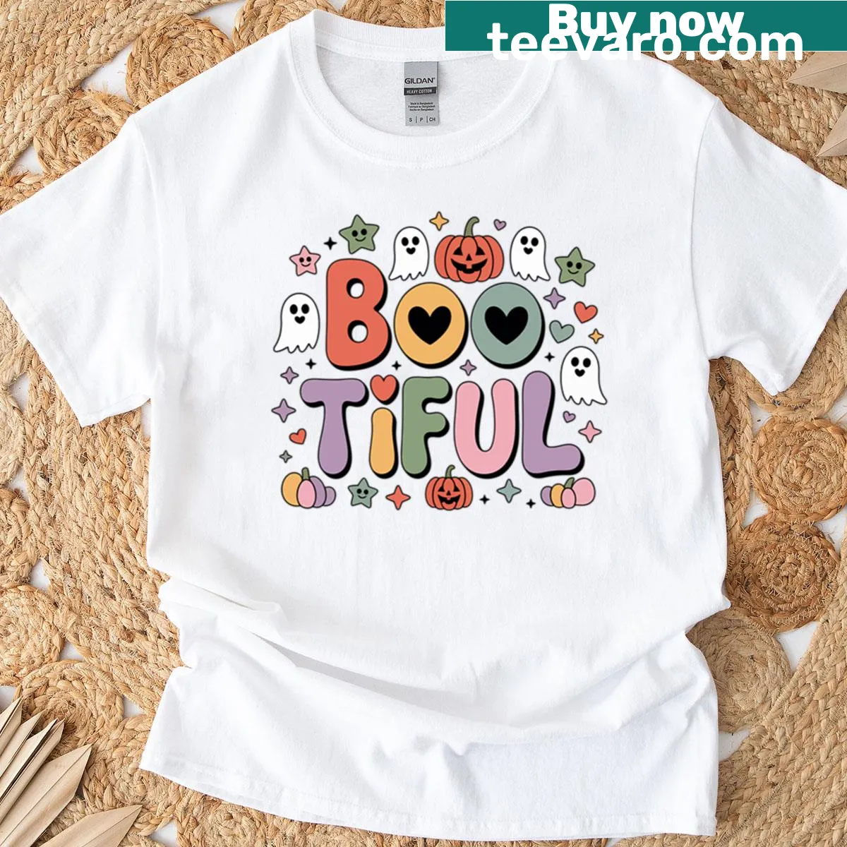 Boo Tiful Halloween graphic with ghosts and pumpkins on a t-shirt — on a men's t-shirt
