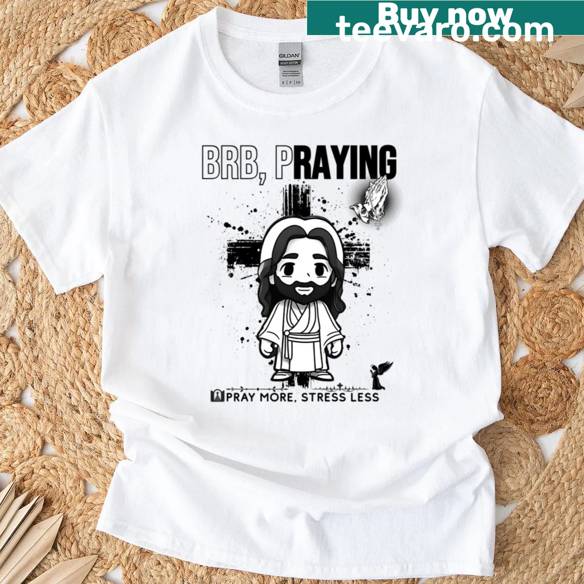 Funny Jesus meme graphic on an oversized t-shirt — on a men's t-shirt