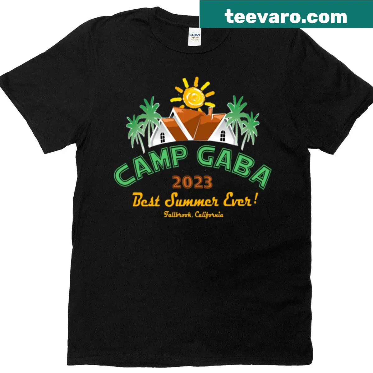 Illustrated Camp Gaba T-shirt featuring camping elements — on a men's t-shirt