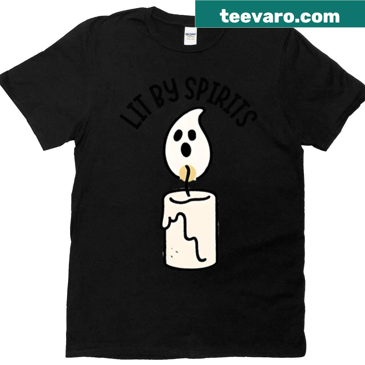Minimalist design featuring a candle with a ghost flame for Halloween — on a men's t-shirt