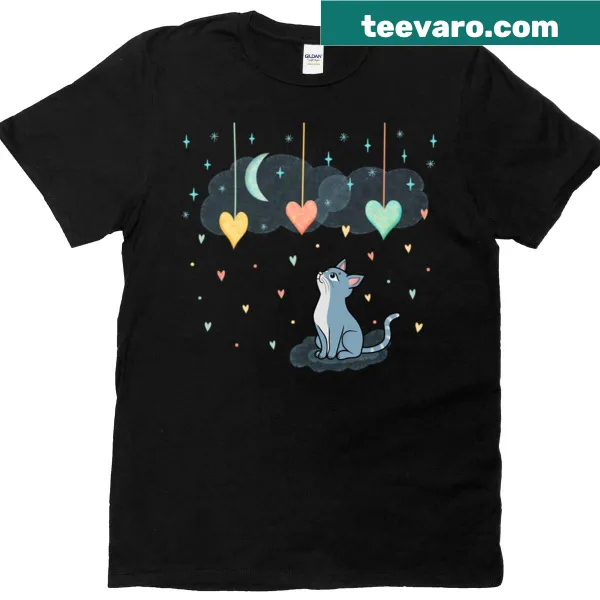 T-shirt featuring an illustration of hearts and cats.