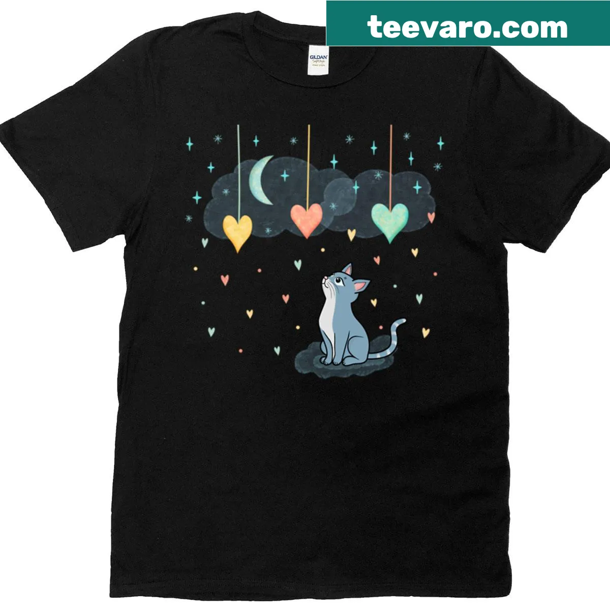 T-shirt featuring an illustration of hearts and cats. — on a men's t-shirt