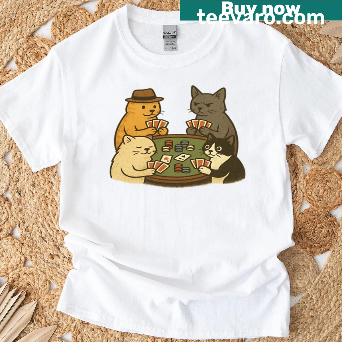 Vintage cat poker game design on a funny t-shirt — on a men's t-shirt