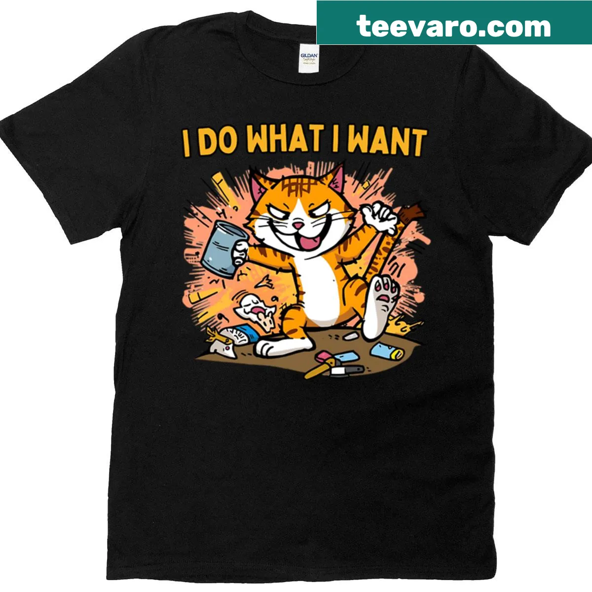 Oversized t-shirt with a chaotic cat graphic and humorous text — on a men's t-shirt