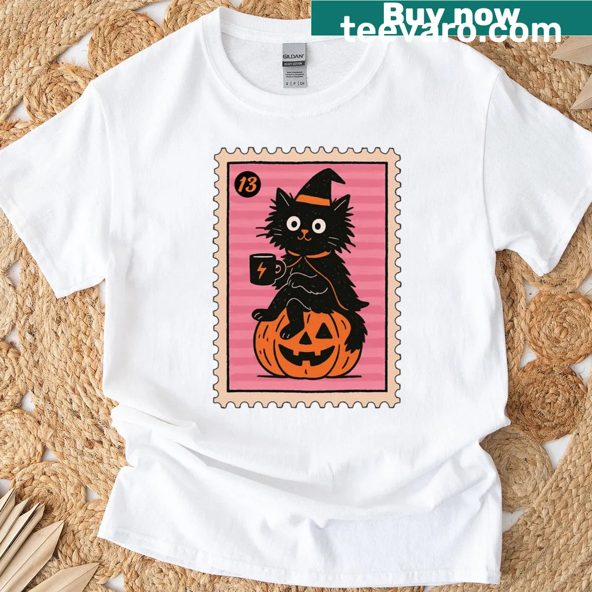 Witch cat on pumpkin Halloween illustration on a festive t-shirt — on a men's t-shirt