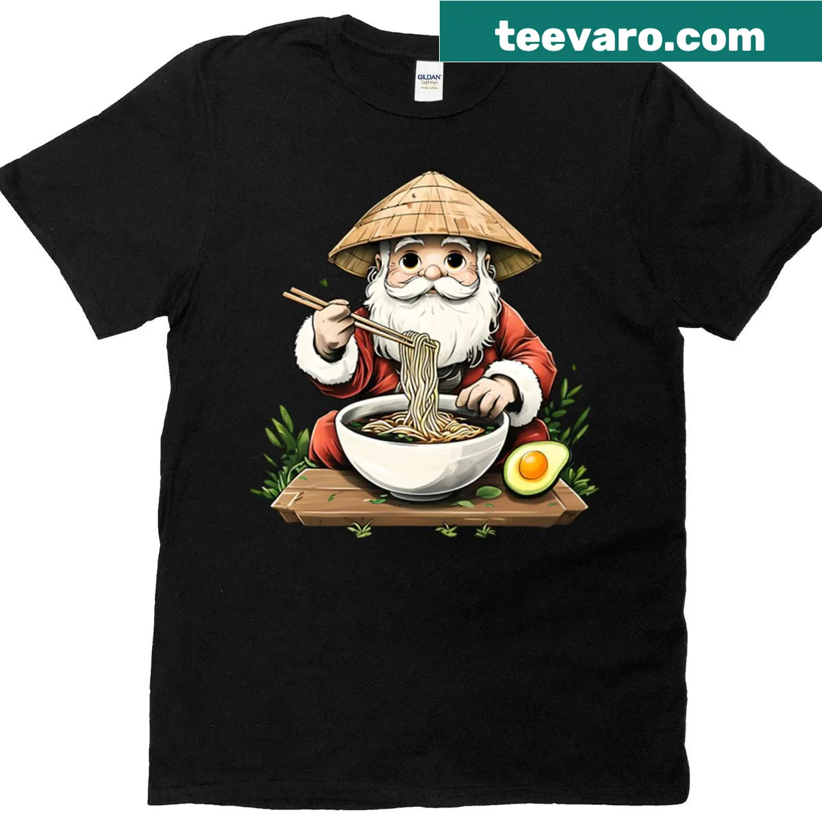Chibi Santa cartoon T-shirt featuring Santa with a bowl of ramen — on a men's t-shirt