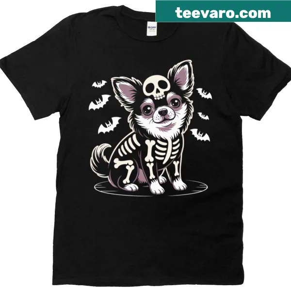 Funny skeleton chihuahua cartoon design on Halloween t-shirt