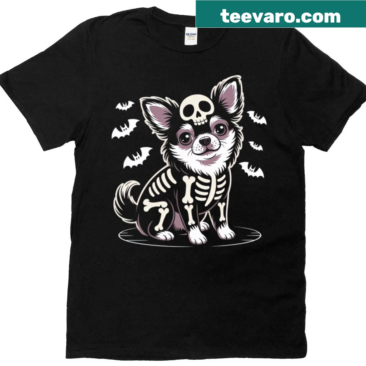 Funny skeleton chihuahua cartoon design on Halloween t-shirt — on a men's t-shirt